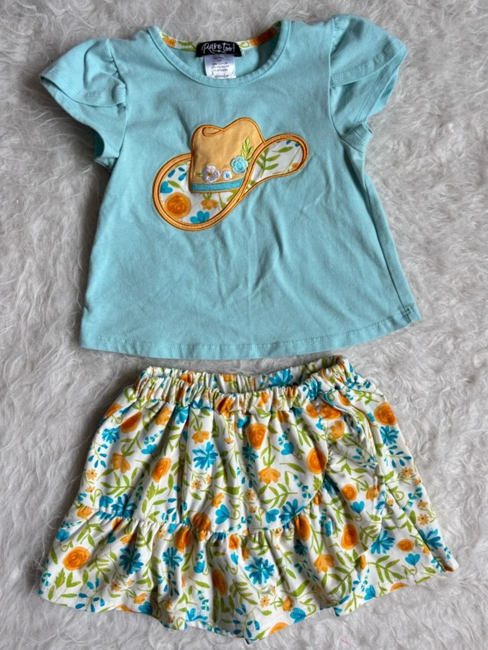 Rare, Too! Girls' Aqua Cowgirl Hat Applique Top with Matching Floral Skort Set